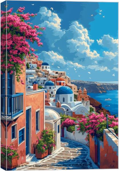 Cliffside Bougainvillea Aegean Cityscape Canvas Print by Mirjana Bogicevic