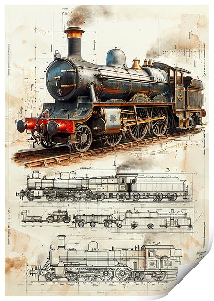 Steam Train Sketch Nostalgia Print by T2 