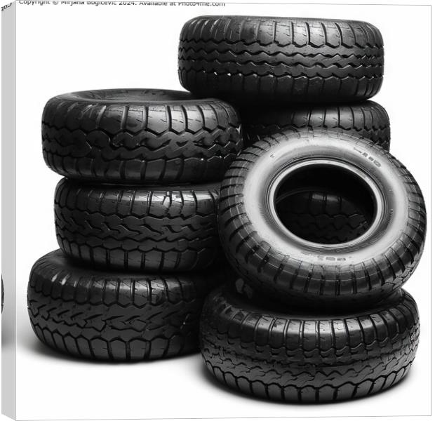 Neatly arranged stack of five black car tires, highlighting their tread patterns Canvas Print by Mirjana Bogicevic