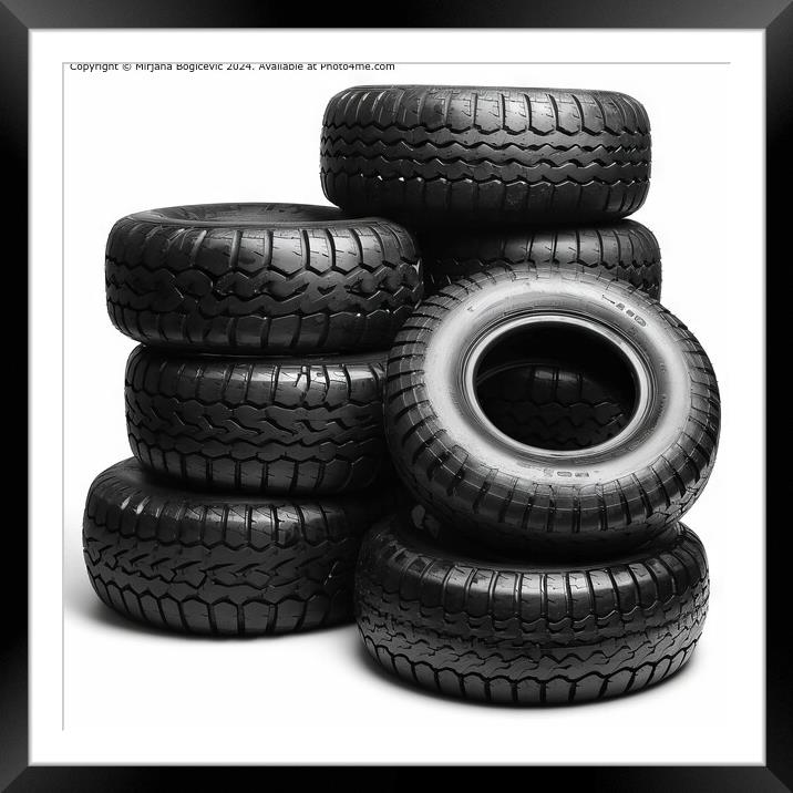 Neatly arranged stack of five black car tires, highlighting their tread patterns Framed Mounted Print by Mirjana Bogicevic