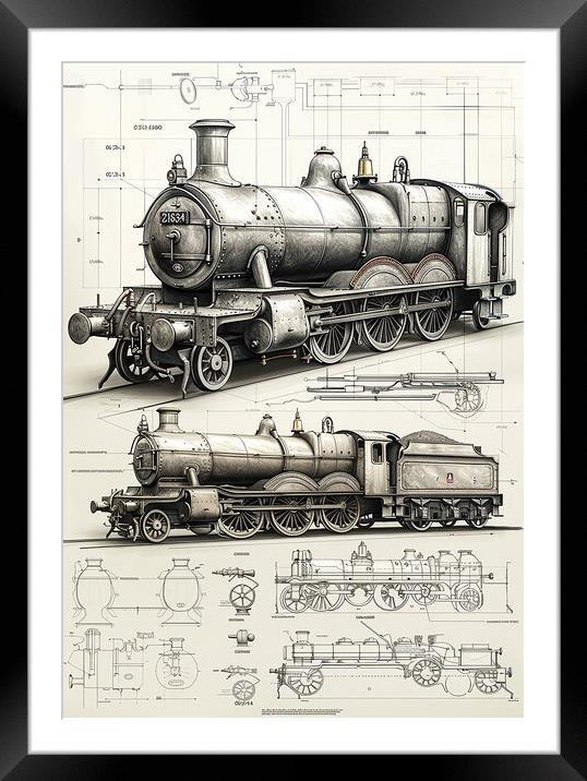 Steam Train Design Sketch Framed Mounted Print by T2 