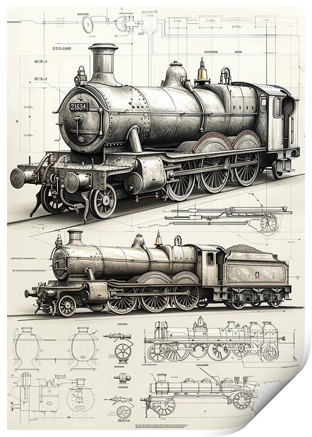 Steam Train Design Sketch Print by T2 