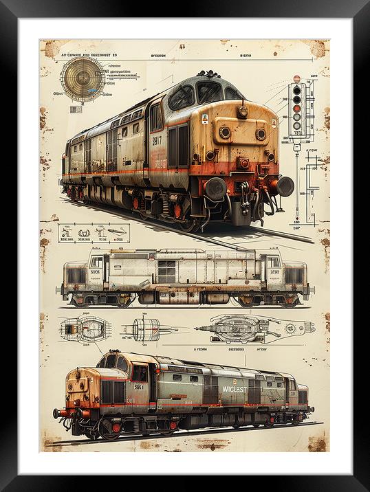 Vintage British Diesel Train Blueprint Framed Mounted Print by T2 