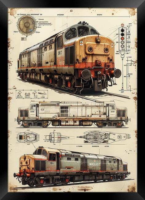 Vintage British Diesel Train Blueprint Framed Print by T2 