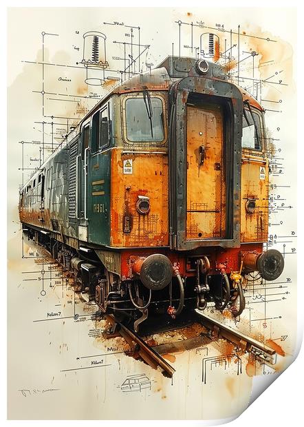 Vintage British Diesel Train Blueprint Print by T2 
