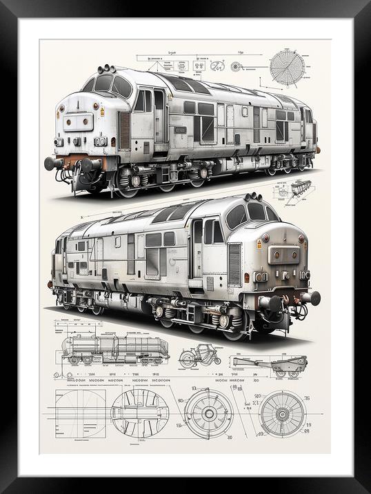 Vintage Diesel Train Blueprint Framed Mounted Print by T2 