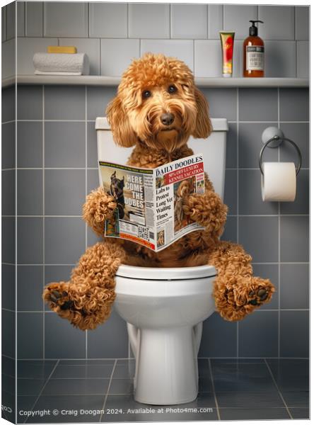 Goldendoodle on the Toilet Reading Newspaper Canvas Print by Craig Doogan