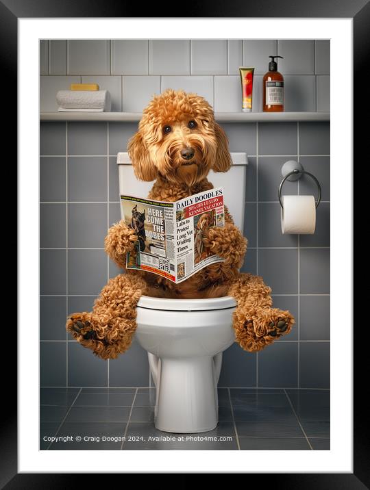 Goldendoodle on the Toilet Reading Newspaper Framed Mounted Print by Craig Doogan