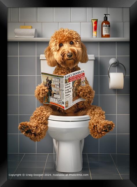 Goldendoodle on the Toilet Reading Newspaper Framed Print by Craig Doogan