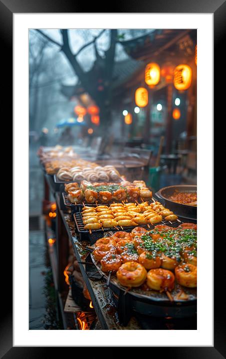 Vibrant Night Market Chinese Street Food Framed Mounted Print by T2 