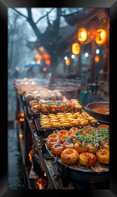 Vibrant Night Market Chinese Street Food Framed Print by T2 