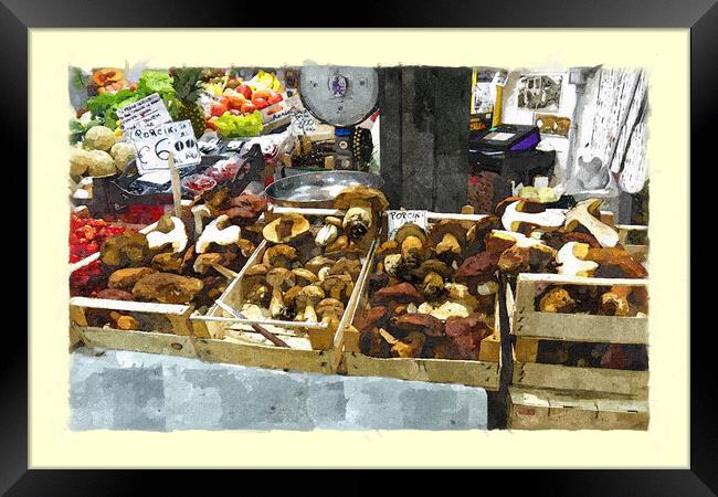 Delicious mushrooms in a Tuscan market Framed Print by Steve Painter