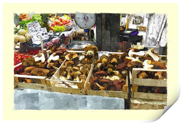 Delicious mushrooms in a Tuscan market Print by Steve Painter