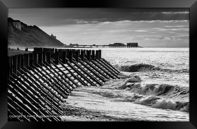 Overstrand Beach High Tide Monochrome Framed Print by David Powley
