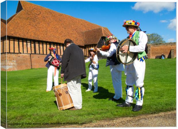 Colourful Morris Dancers at Cressing Temple Barns, Canvas Print by Peter Bolton
