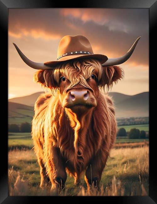 Highland Cow Hat Sky Framed Print by Paddy P