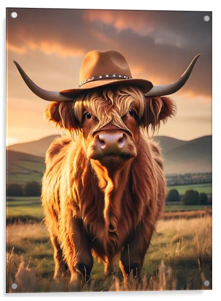 Highland Cow Hat Sky Acrylic by Paddy P