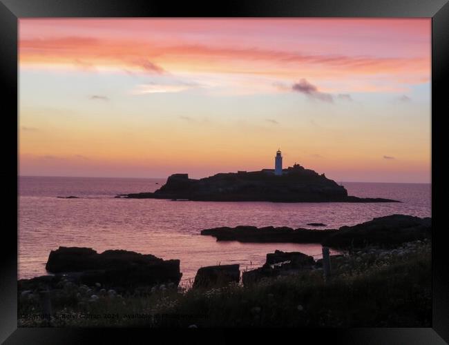 Godrevy Lighthouse Sunset Framed Print by Beryl Curran