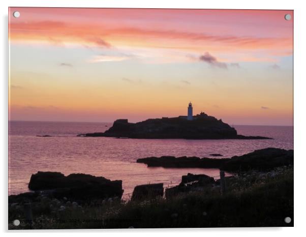 Godrevy Lighthouse Sunset Acrylic by Beryl Curran