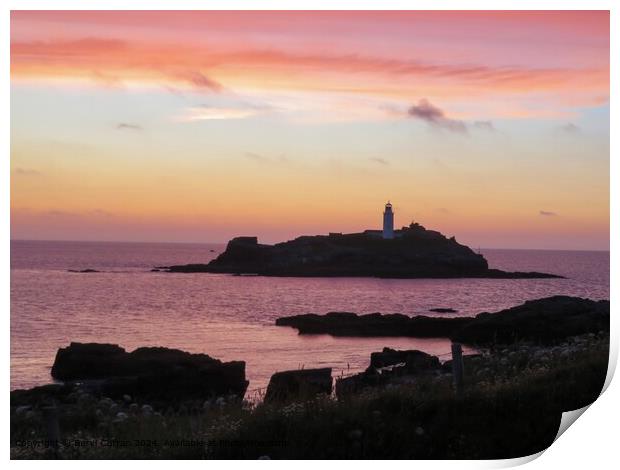 Godrevy Lighthouse Sunset Print by Beryl Curran