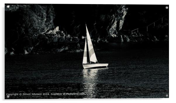 Sunlit Yacht Monochrome Landscape Acrylic by Simon Johnson