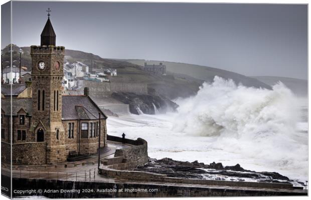 Porthleven Storm Waves Canvas Print by Adrian Downing