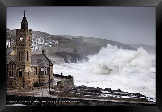 Porthleven Storm Waves Framed Print by Adrian Downing