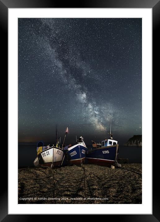 Fishing Boats under the Milky Way on Devon beach Framed Mounted Print by Adrian Downing