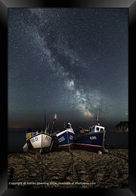 Fishing Boats under the Milky Way on Devon beach Framed Print by Adrian Downing