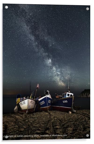 Fishing Boats under the Milky Way on Devon beach Acrylic by Adrian Downing