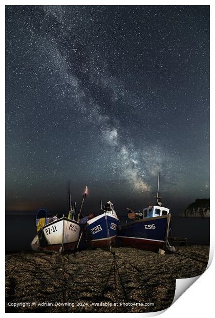 Fishing Boats under the Milky Way on Devon beach Print by Adrian Downing