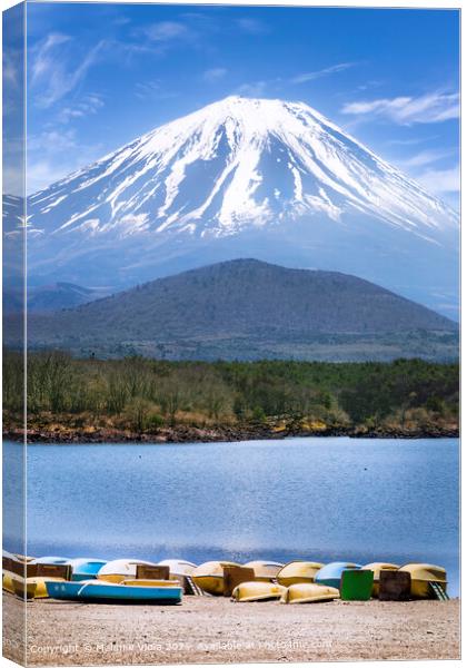 Picturesque Lake Shoji with striking Mount Fuji Canvas Print by Melanie Viola