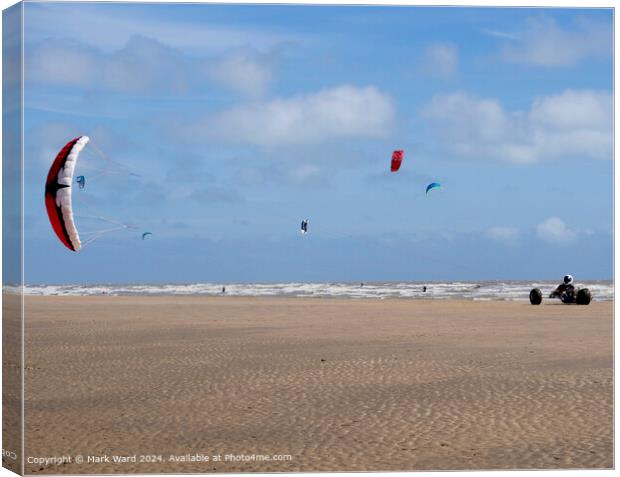 Camber Sands Kitesurfing Fun Canvas Print by Mark Ward