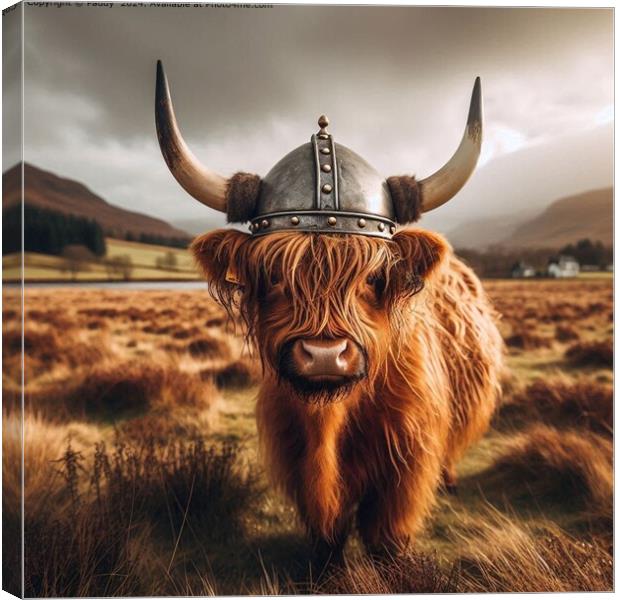 A Scottish Highland Cow Wearing A Viking Hat Canvas Print by Paddy 