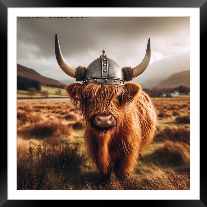 A Scottish Highland Cow Wearing A Viking Hat Framed Mounted Print by Paddy 