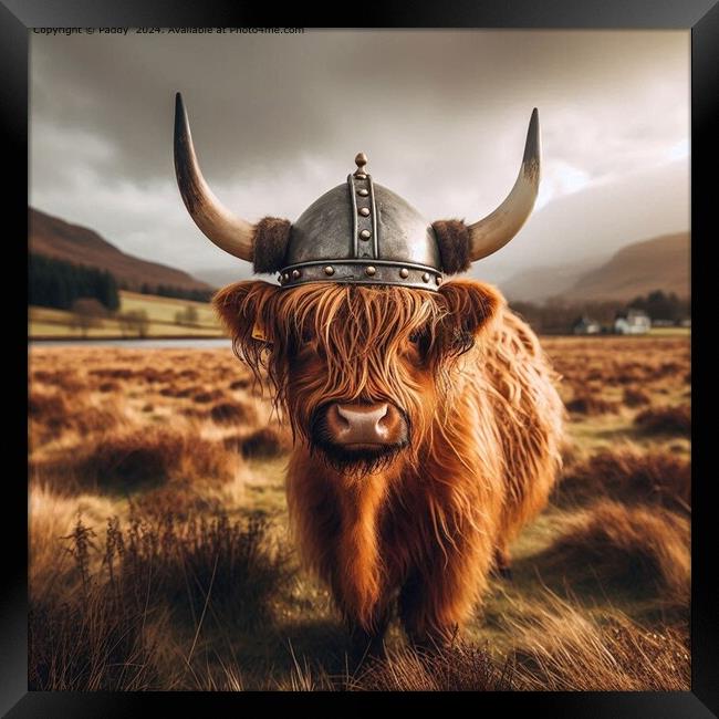 A Scottish Highland Cow Wearing A Viking Hat Framed Print by Paddy 