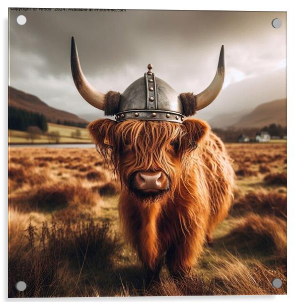 A Scottish Highland Cow Wearing A Viking Hat Acrylic by Paddy 