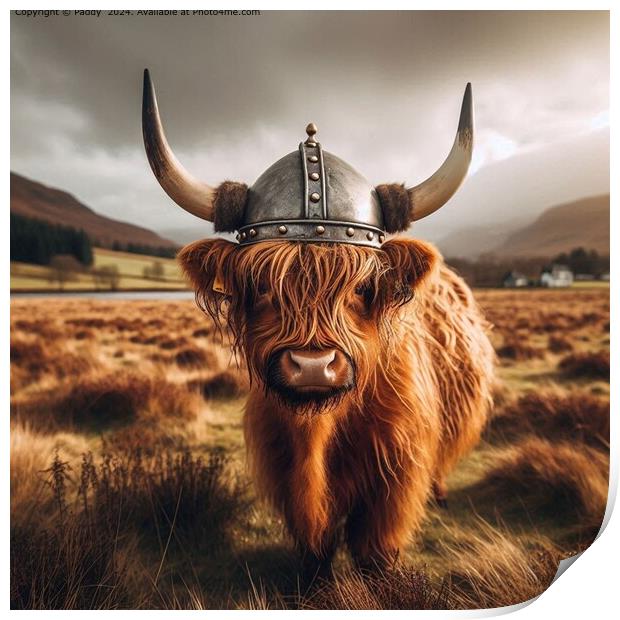 A Scottish Highland Cow Wearing A Viking Hat Print by Paddy 
