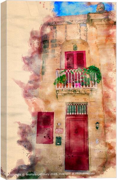 Mdina Watercolour Balcony Canvas Print by Graham Lathbury