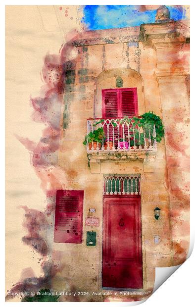 Mdina Watercolour Balcony Print by Graham Lathbury