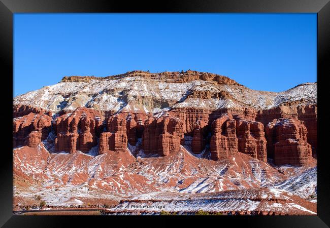 Snow-Covered Capitol Reef National Park Rock Formations in Winter, Utah Framed Print by Madeleine Deaton