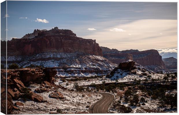Snowy Road Trip through Capitol Reef National Park Canvas Print by Madeleine Deaton