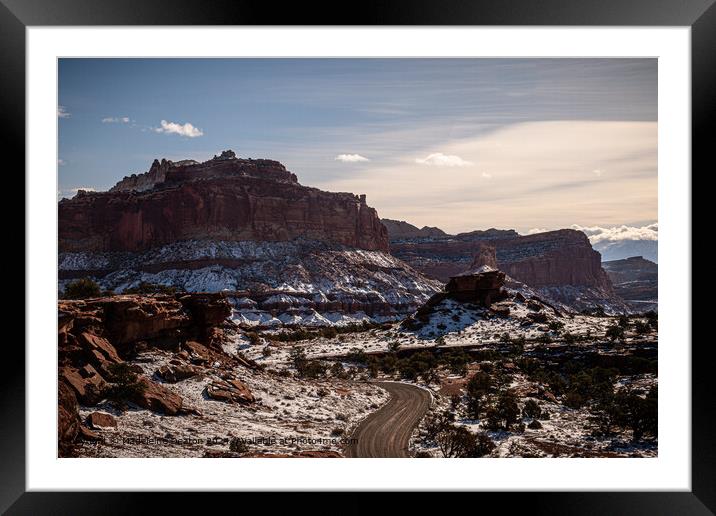 Snowy Road Trip through Capitol Reef National Park Framed Mounted Print by Madeleine Deaton