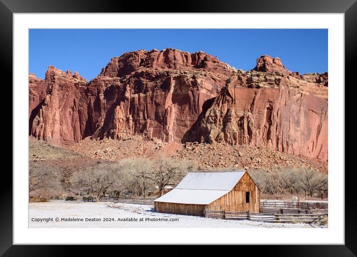 Snowy Fruita Barn Landscape Capitol Reef Framed Mounted Print by Madeleine Deaton