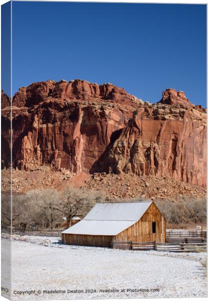 Snow-Covered Fruita Barn at Capitol Reef National Park, Utah Canvas Print by Madeleine Deaton