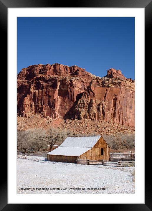 Snow-Covered Fruita Barn at Capitol Reef National Park, Utah Framed Mounted Print by Madeleine Deaton
