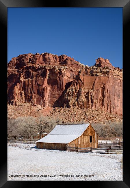 Snow-Covered Fruita Barn at Capitol Reef National Park, Utah Framed Print by Madeleine Deaton