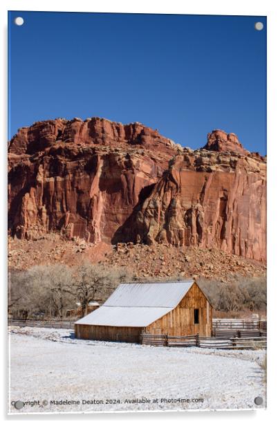 Snow-Covered Fruita Barn at Capitol Reef National Park, Utah Acrylic by Madeleine Deaton