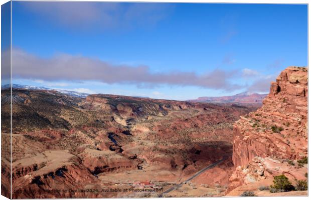 Aerial View of Capitol Reef National Park in Utah with Red Rock Formations and Blue Sky Canvas Print by Madeleine Deaton