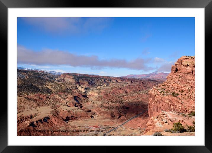 Aerial View of Capitol Reef National Park in Utah with Red Rock Formations and Blue Sky Framed Mounted Print by Madeleine Deaton